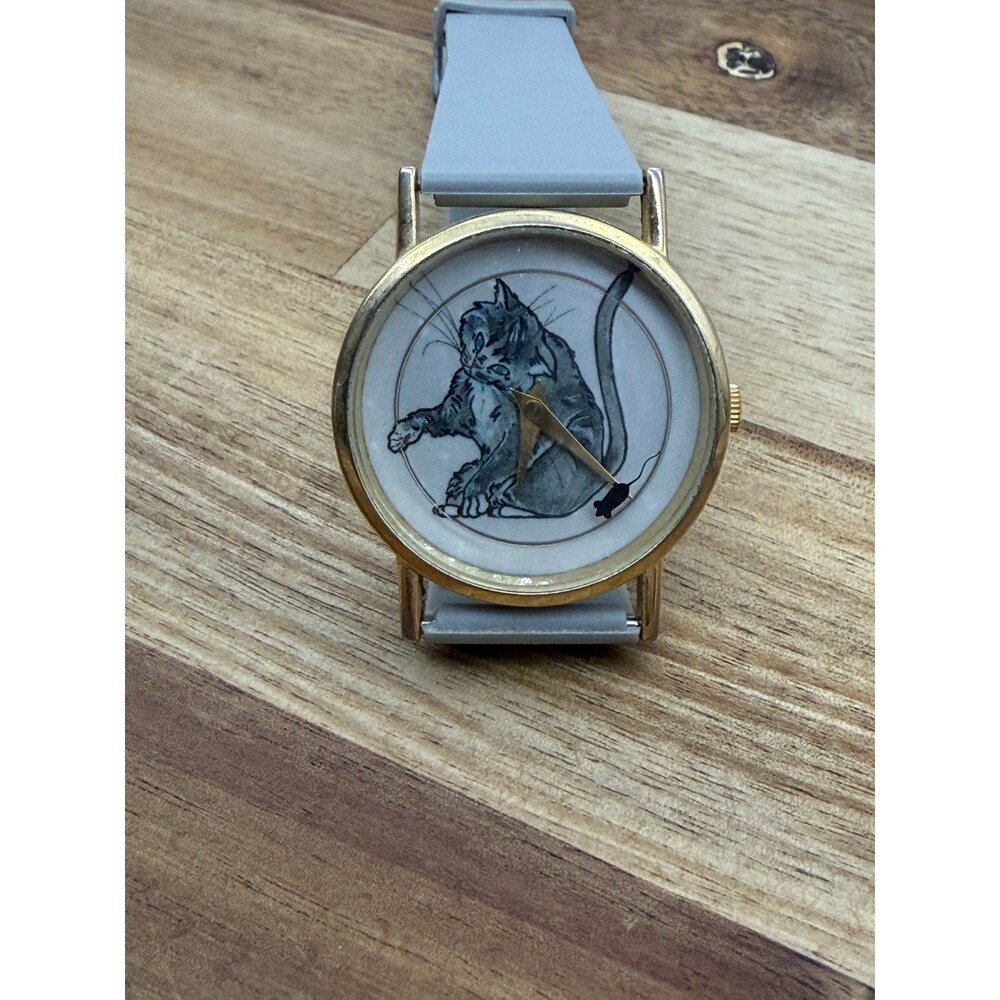 Vintage Cat Dial Watch Gold Tone Gray Band Quartz Cute Animal Womens